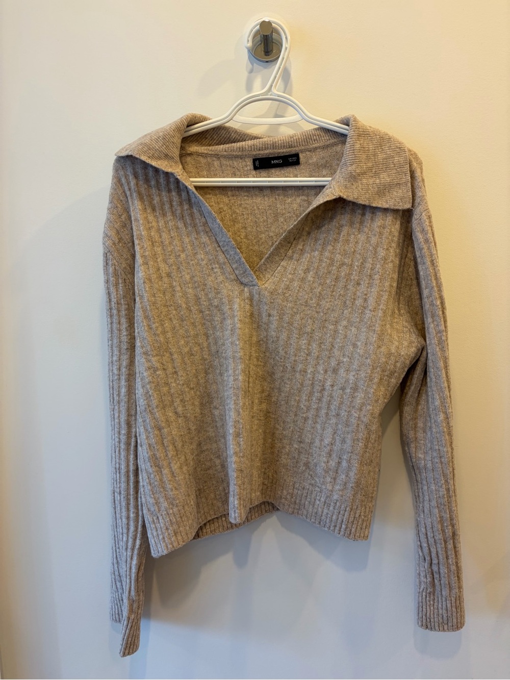 Mango Ribbed V-Neck Collared Sweater in Beige